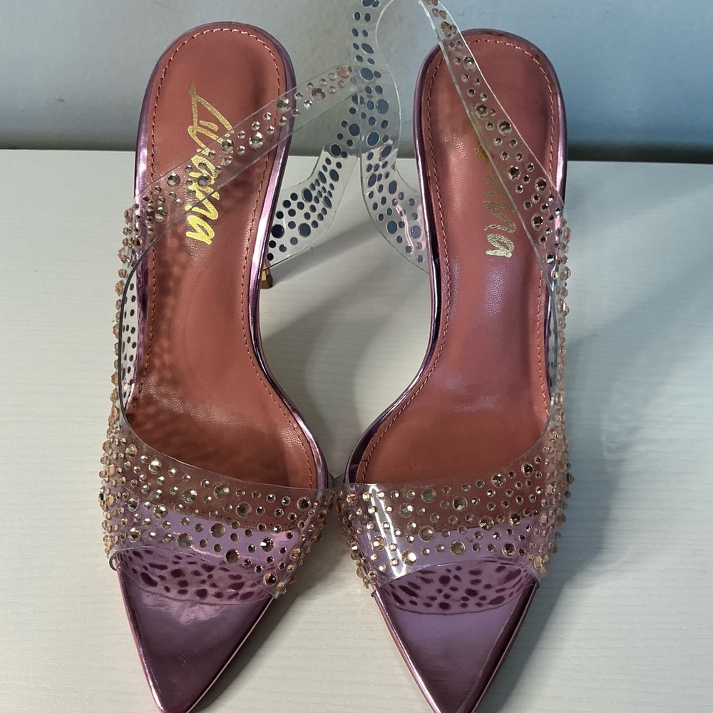 Pink Chrome Heels embellished with rhinestones